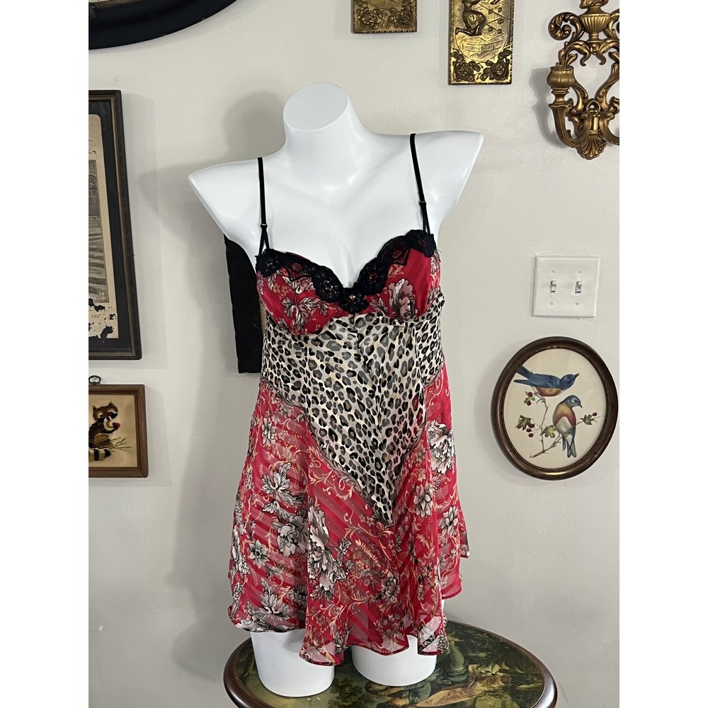 Vintage Y2K In Bloom by Jonquil Red Floral & Leopard Print Slip Dress Size S